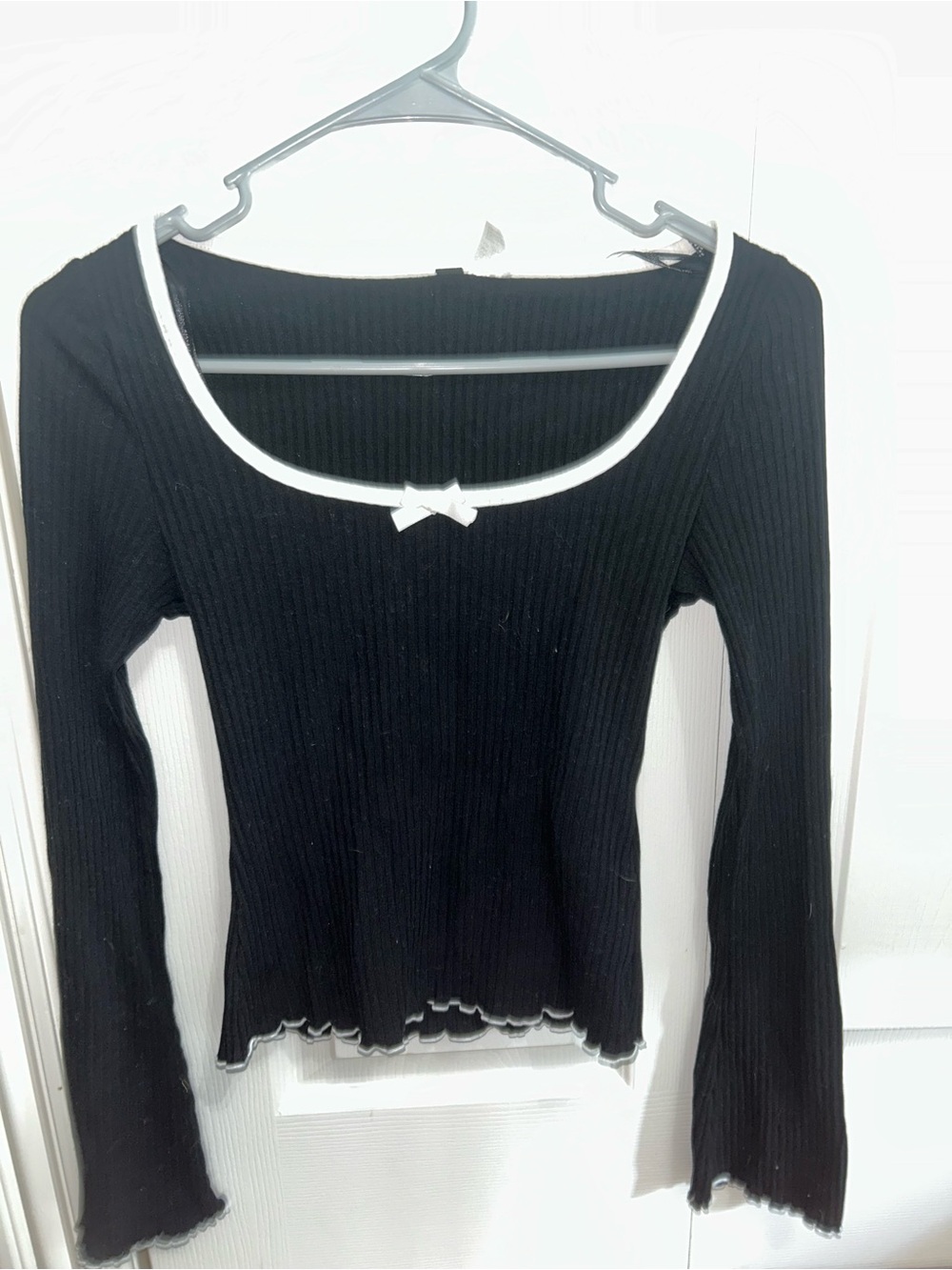 Divided Black Ribbed Long-Sleeve Top with White Trim